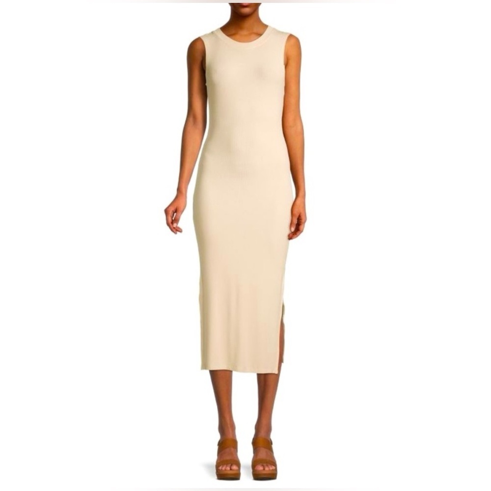 WeWoreWhat Cream Color Ribbed Crew Neck BodyCon Midi Dress Size Pit XS